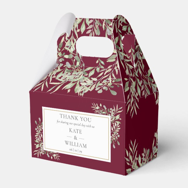 Burgundy Red Greenery Floral Wedding Thank You Favour Box (Front Side)