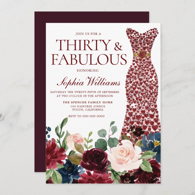 Burgundy Red Heart Dress Floral 30th Birthday Invitation (Front/Back)