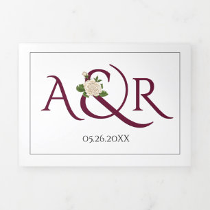 Burgundy red initials and ampersand, rose wedding Tri-Fold invitation