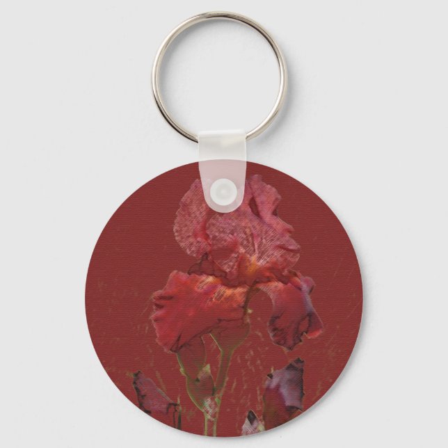 Burgundy Red Iris Garden Flower Key Ring (Front)