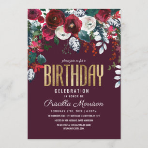 Burgundy Red Ivory Floral Arrangement Birthday Invitation
