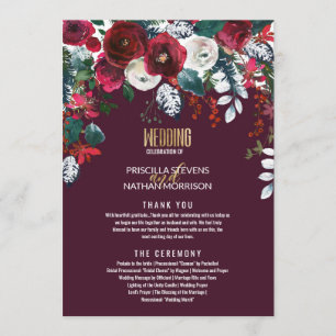 Burgundy Red Ivory Floral Arrangement Gold Wedding Program