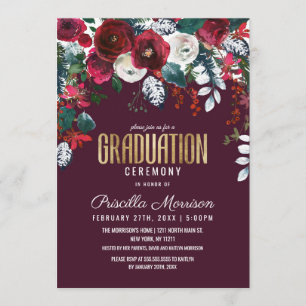 Burgundy Red Ivory Floral Arrangement Graduation Invitation