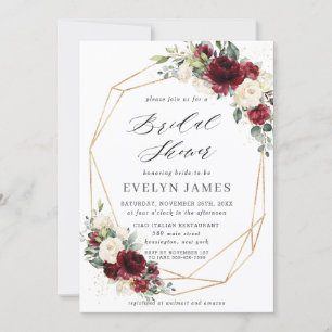 Burgundy Red Ivory Floral Bridal Shower Geometric Invitation