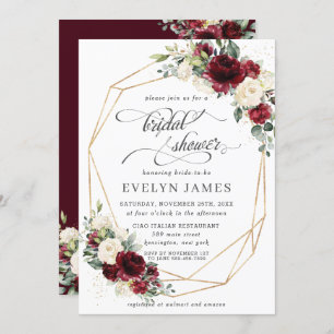Burgundy Red Ivory Floral Bridal Shower Geometric  Invitation