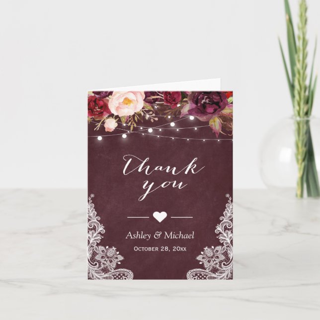 Burgundy Red Lace Floral String Lights Thank You Card (Front)