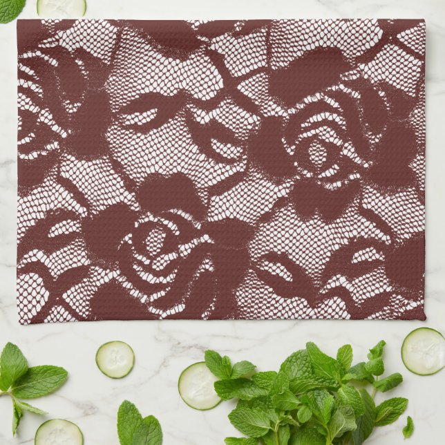 Burgundy Red Lace Floral Tea Towel (Folded)