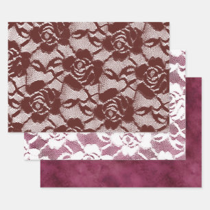 Burgundy Red Lace Floral Wrapping Paper Sheet