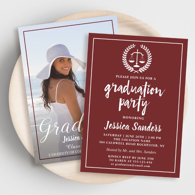 Burgundy Red Law School Graduation Party Photo Invitation (Creator Uploaded)