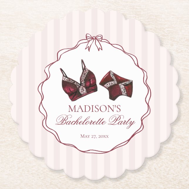 Burgundy Red Lingerie Bachelorette Panty Party Paper Coaster (Front)