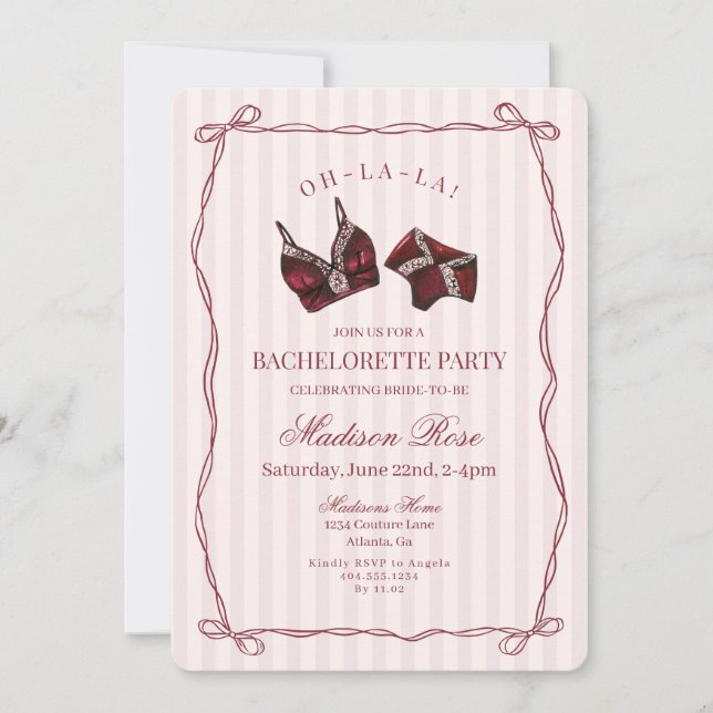 Burgundy Red Lingerie Lace Bachelorette Party Invitation (Front)