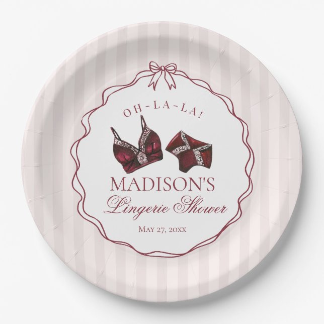Burgundy Red Lingerie Shower Bachelorette Bridal Paper Plate (Front)
