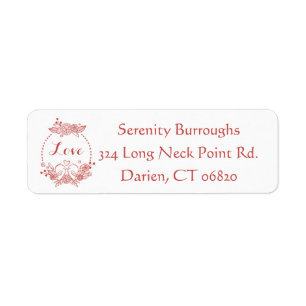 Burgundy Red Lovebirds Floral Love Wreath Wedding Return Address Label
