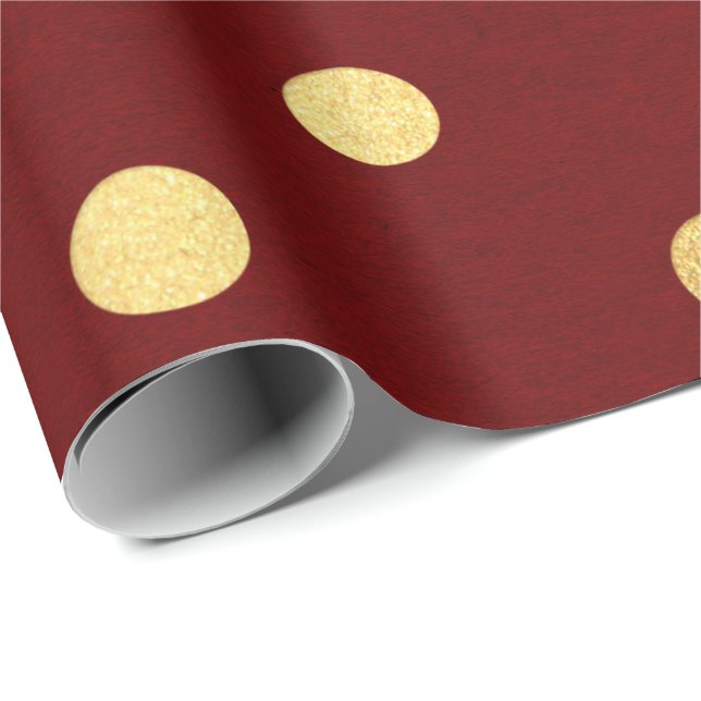 Burgundy Red Maroon Golden Big Polka Dots Wrapping Paper (Roll Corner)