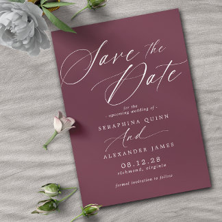 Burgundy Red Maroon | Simple Calligraphy Script Save The Date