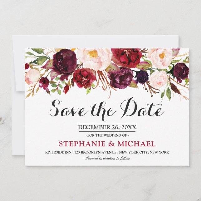 Burgundy Red Marsala Floral Boho Save the date (Front)