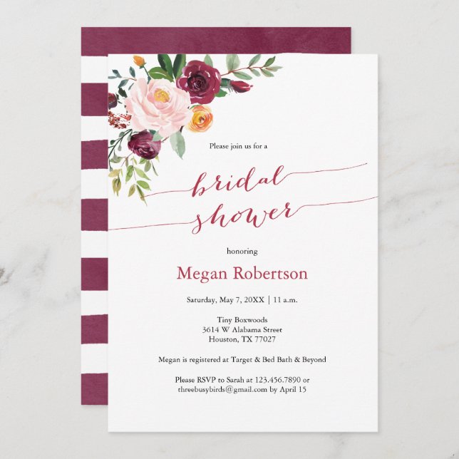 Burgundy Red Marsala Floral Bridal Shower Invitation (Front/Back)