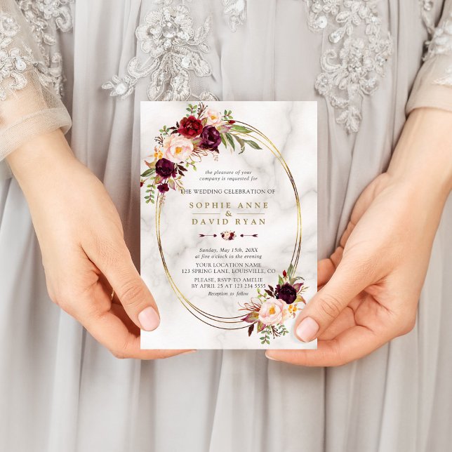 Burgundy Red Marsala Floral Gold Marble Wedding Invitation (Creator Uploaded)