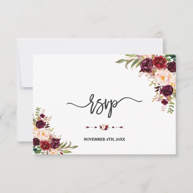 Burgundy Red Marsala Floral Hand Lettering RSVP Card (Front)
