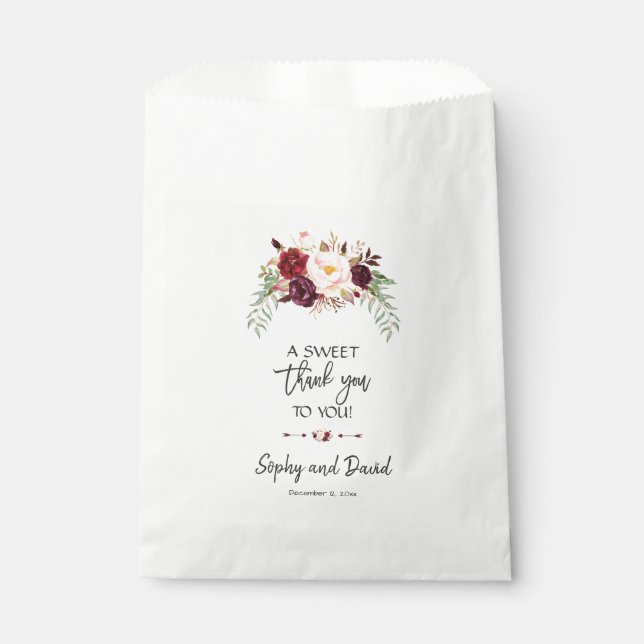 Burgundy Red Marsala Floral Handwriting THANK YOU Favour Bag (Front)