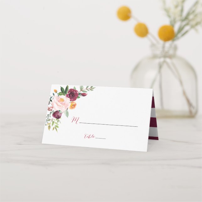 Burgundy Red Marsala Floral Place Cards (Front)