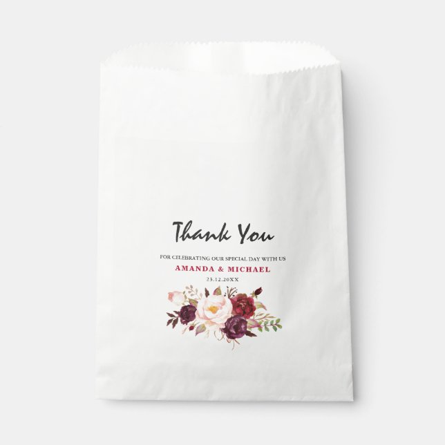 Burgundy Red Marsala Floral Rustic Boho wedding Favour Bag (Front)