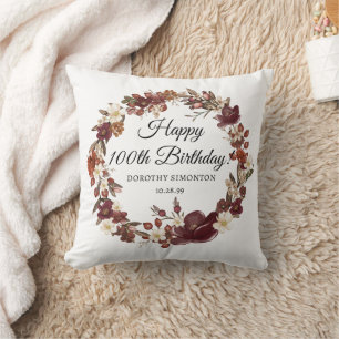 Burgundy Red Mauve Fall Flowers 100th Birthday Cushion