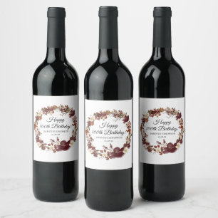 Burgundy Red Mauve Fall Flowers 100th Birthday Wine Label