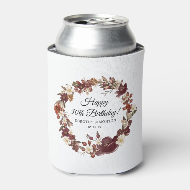 Burgundy Red Mauve Fall Flowers 30th Birthday Can Cooler (Can Front)