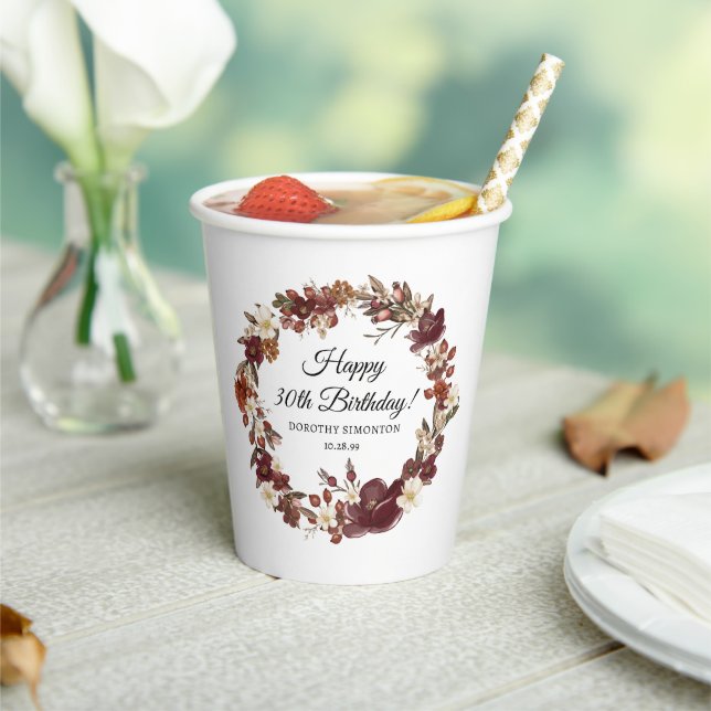 Burgundy Red Mauve Fall Flowers 30th Birthday Paper Cups (Insitu)