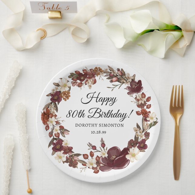 Burgundy Red Mauve Fall Flowers 80th Birthday Paper Plate (Wedding)
