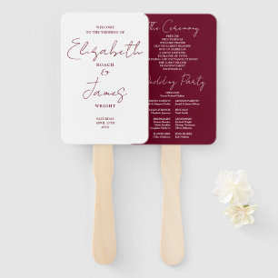 Burgundy Red Minimalist Script Wedding Program Hand Fan