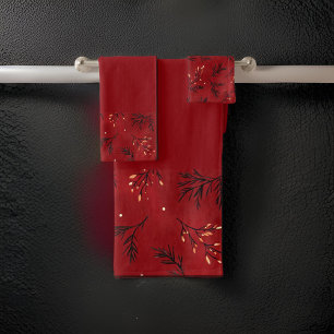 Burgundy Red Mistletoe Branches Bath Towel Set