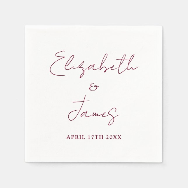 Burgundy Red Modern Minimalist Script Wedding Napkin (Front)