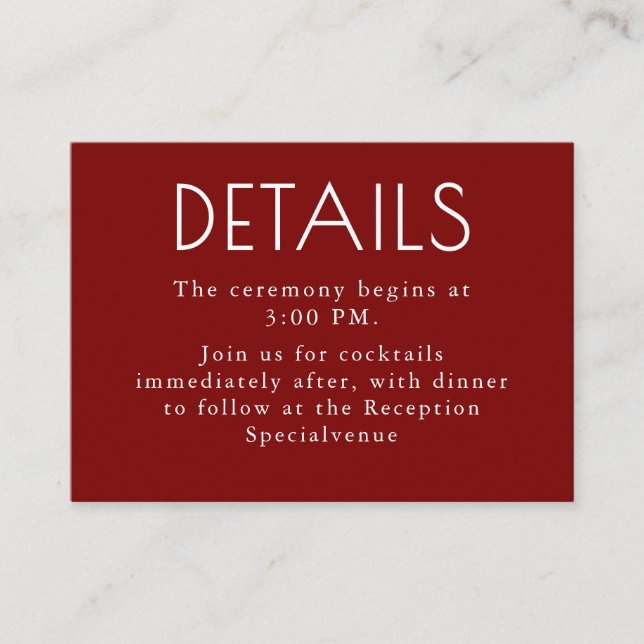 Burgundy Red Modern Minimalist Wedding Details Enclosure Card (Front)