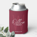 Burgundy Red Modern Script Personalised Groomsmen Can Cooler<br><div class="desc">Modern Minimalist Personalised Monogram and Name Gifts This design features personalised name in white modern handwriting script font style and monogram in light burgundy red modern sans serif font style as background, with wedding details in white modern sans serif font style, on burgundy red background. Also perfect for best man,...</div>