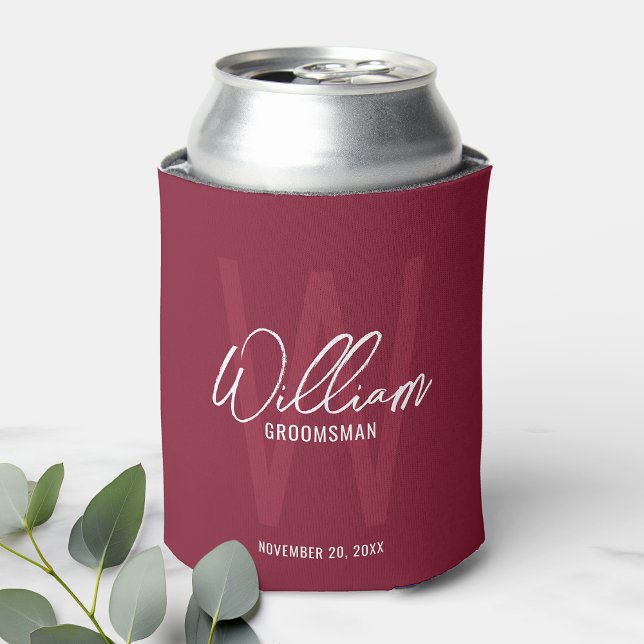 Burgundy Red Modern Script Personalised Groomsmen Can Cooler (Creator Uploaded)