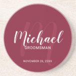 Burgundy Red Modern Script Personalised Groomsmen Coaster<br><div class="desc">Add a personal touch to your wedding with personalised groomsmen coaster. This coaster features personalised groomsmen's name in white modern script font style and monogram in light red modern script font style as background with title and wedding date in white modern sans serif font style on burgundy red background. Also...</div>