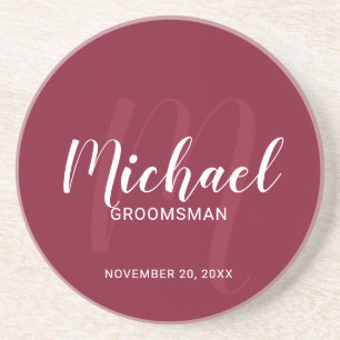 Burgundy Red Modern Script Personalised Groomsmen Coaster