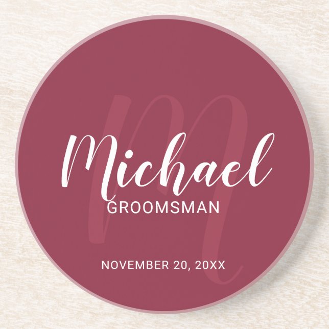 Burgundy Red Modern Script Personalised Groomsmen Coaster (Front)