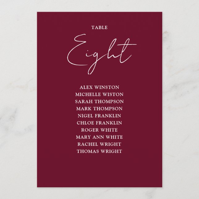 Burgundy Red Modern Seating Chart Table Number (Front)
