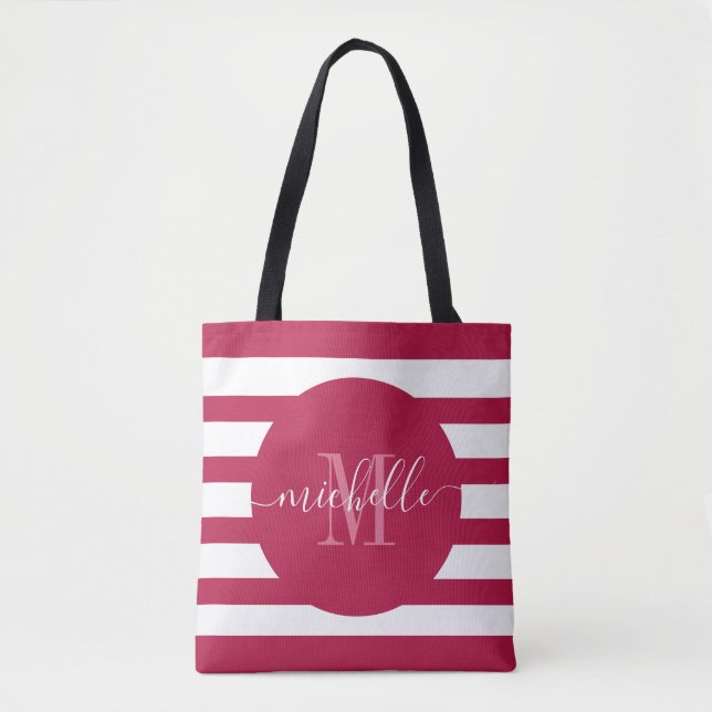 Burgundy Red Monogram Script Elegant Modern Stripe Tote Bag (Front)