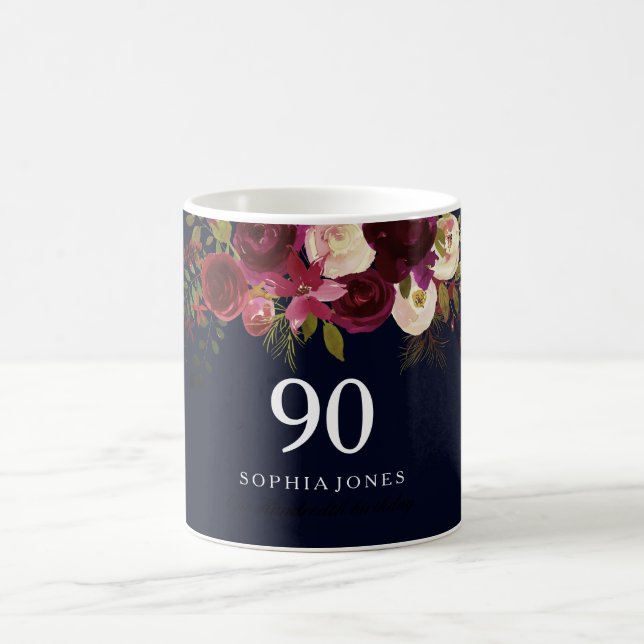 Burgundy Red Navy Blue Floral 90th Birthday Gift Coffee Mug (Center)