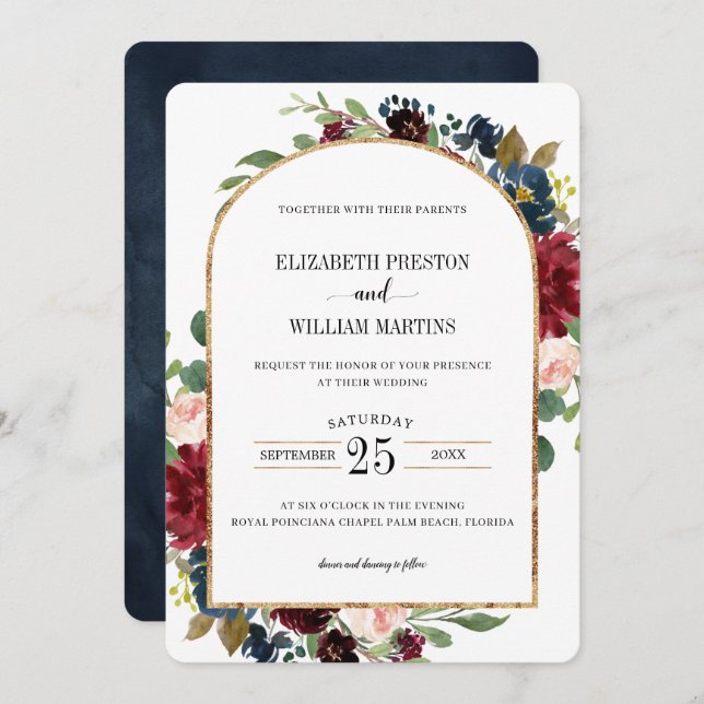 Burgundy Red Navy Blue Floral Arch Frame Wedding Invitation (Front/Back)