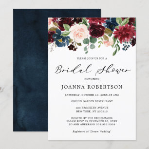 Burgundy Red Navy Blue Floral Bridal Shower Invitation
