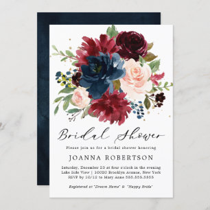Burgundy Red Navy Blue Floral Bridal Shower Invitation