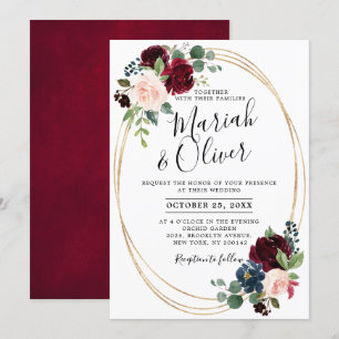 Burgundy Red Navy Blue Floral Geometric Wedding Invitation