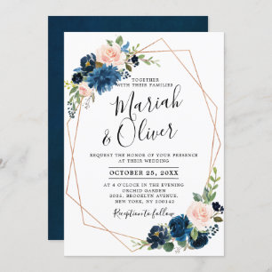 Burgundy Red Navy Blue Floral Geometric Wedding Invitation