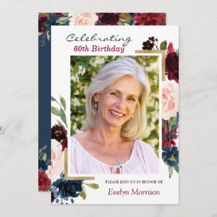 Burgundy Red Navy Blue Floral Photo Birthday Party Invitation