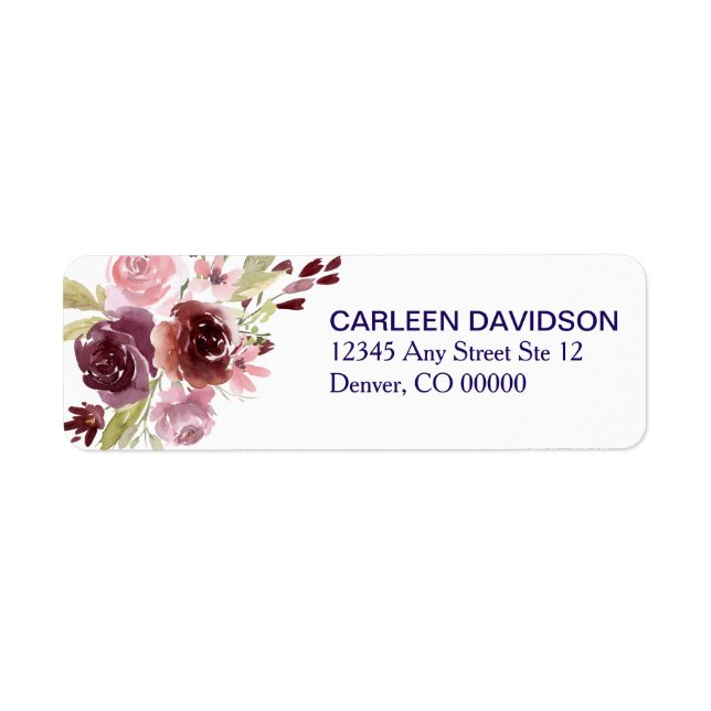 Burgundy Red Navy Blue Floral Return Address Label (Front)